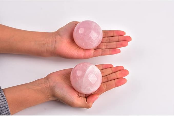 JIC Gem 2.9 Inch Natural Pink Rose Quartz Magic Crystal Healing Ball Ornament Sphere with Wood Stand for Decoration,Meditation, Scrying Mirror,Feng Shui.
