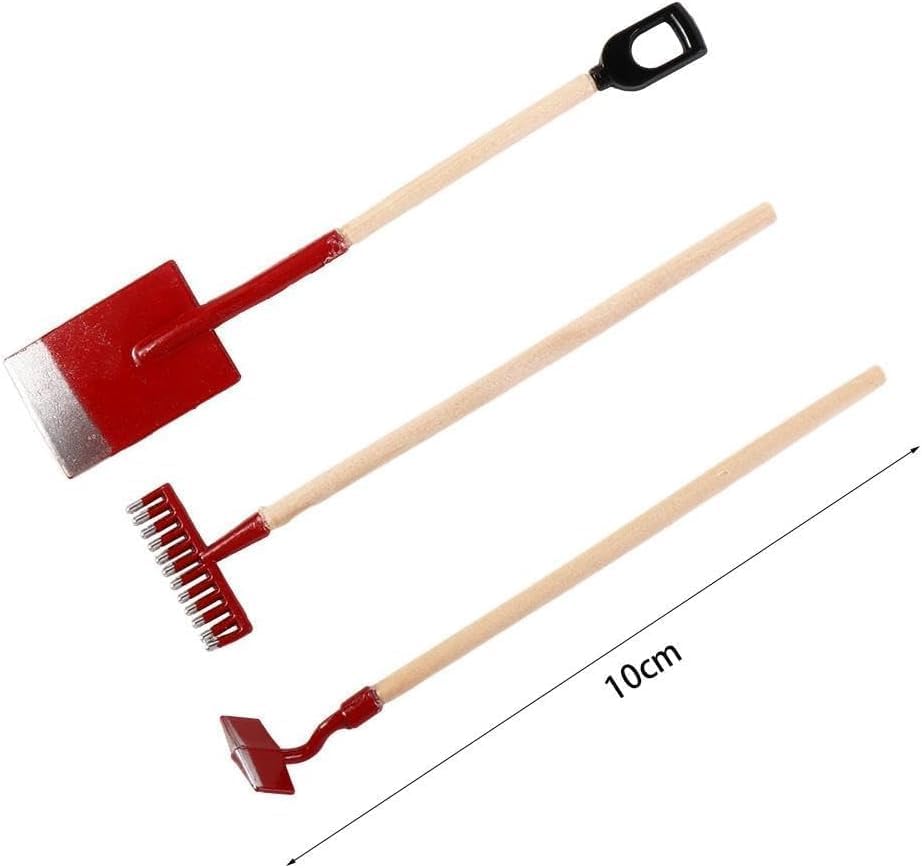 3Pcs Miniature Garden Tools 1:12 Mini Shovels and Rake Farm Tools Fairy Garden Furniture Dollhouse Accessories (Green)