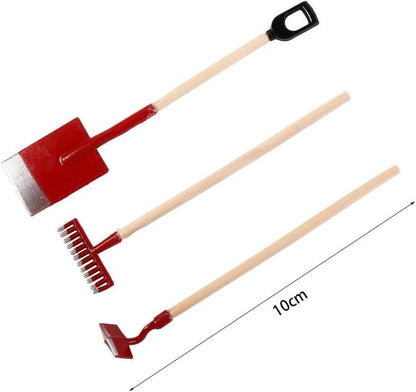 3Pcs Miniature Garden Tools 1:12 Mini Shovels and Rake Farm Tools Fairy Garden Furniture Dollhouse Accessories (Red)