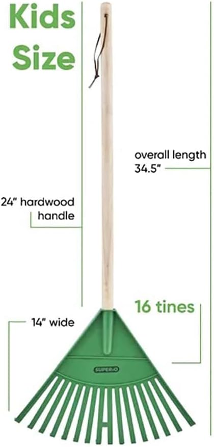 Orange Kids Size Rake, Kids Rake for Lawn with Hardwood Handle, Durable Plastic Head to Sweep Leaves on Lawn and Tidying Up The Garden, 34" by Superio