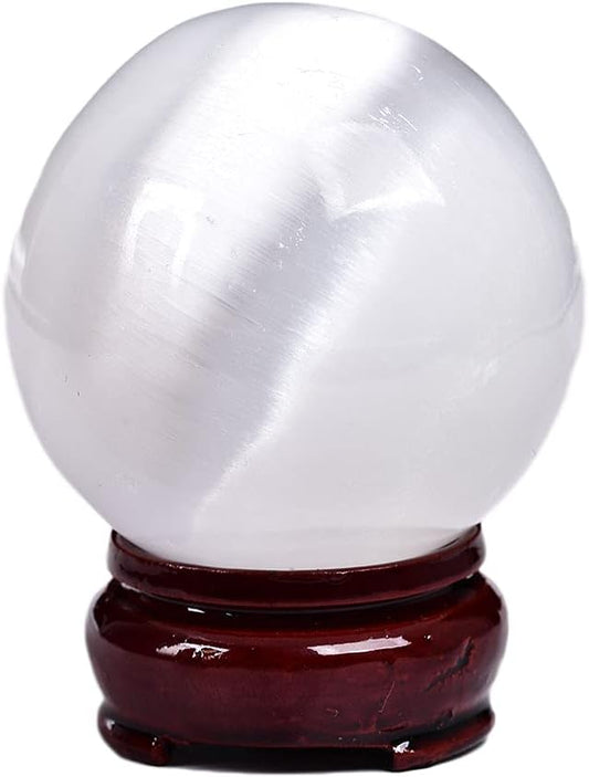 JIC Gem Selenite Crystal Ball with Wooden Stand Healing Crystal Sphere for Meditation, Home Decoration 2-2.3 Inch(50-60mm)