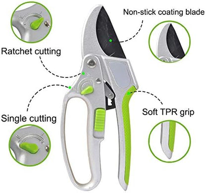 Garden Guru 2 in 1 Ratchet Pruning Shears Clippers – 4X Cutting Power – Ratcheting Garden Anvil Pruners Scissors - Ergonomic Grip - Makes Tough Cuts Easy - Great for Seniors & Arthritic Hands (2 Pack)
