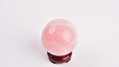 JIC Gem 2.9 Inch Natural Pink Rose Quartz Magic Crystal Healing Ball Ornament Sphere with Wood Stand for Decoration,Meditation, Scrying Mirror,Feng Shui.