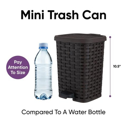 Superio Mini Trash Can with Foot Pedal Small Outdoor Garbage Can with Lid, 1.5 Gallon Plastic Waste Basket for Bathroom, Bedroom, Kitchen, Office, Patio (Wicker Brown 6 QT.)