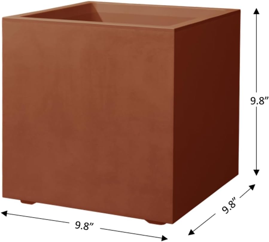 Deroma Millennium 10” Cube Planter | Light & Durable Plastic | Indoor or Outdoor Square Pot for Patio/Porch | Includes Water Reserve & Drain Plug | Trendy Planter for Plants, Flowers, Garden | Rust