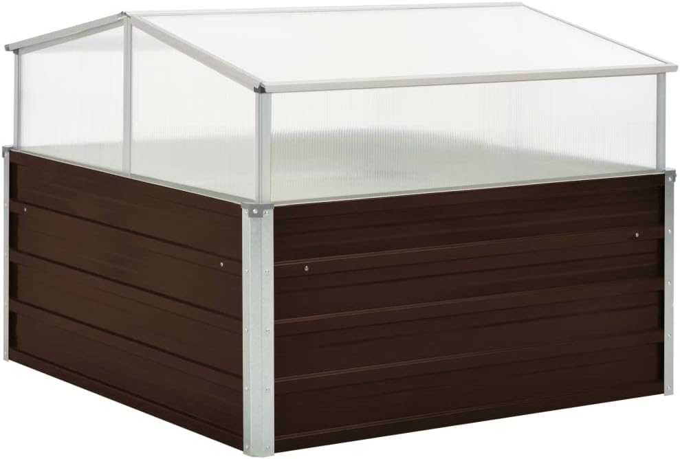 Galvanized Steel Greenhouse, Raised Garden Bed with Greenhouse, Metal Planter Box with Polycarbonate Mini Greenhouse, Brown 39.4"x39.4"x33.5" Galvanized Steel,-106