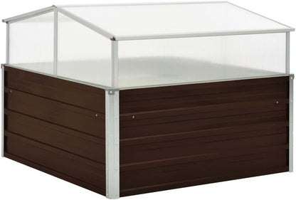 Galvanized Steel Greenhouse, Raised Garden Bed with Greenhouse, Metal Planter Box with Polycarbonate Mini Greenhouse, Brown 39.4"x39.4"x33.5" Galvanized Steel,-106