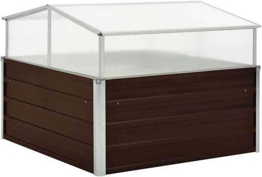 Galvanized Steel Greenhouse, Raised Garden Bed with Greenhouse, Metal Planter Box with Polycarbonate Mini Greenhouse, Brown 39.4"x39.4"x33.5" Galvanized Steel,-106