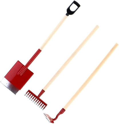 3Pcs Miniature Garden Tools 1:12 Mini Shovels and Rake Farm Tools Fairy Garden Furniture Dollhouse Accessories (Red)