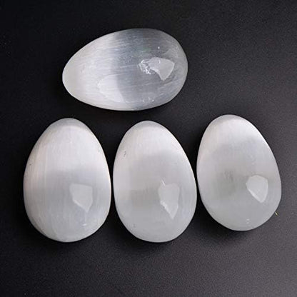 JIC Gem 4 pcs Selenite Egg-Shape Crystal Stone Large White Gemstone with Strong Healing & Calming Effects
