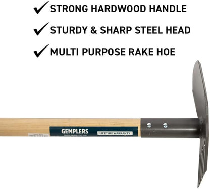 Gemplers Steel Rake Hoe with Wood Handle, 5 Wide Tines, Multi-Purpose Tool for Gardening, Planting, and Fire Prevention, Commercial Grade