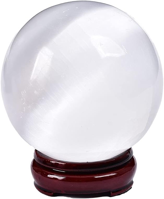JIC Gem 3.5-4 Inch(90-100mm) Selenite Crystal Sphere with Wooden Stand Healing Crystal Ball for Meditation, Home Decoration