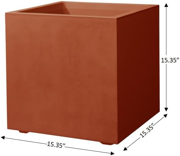 Deroma Millennium 15” Cube Planter | Light & Durable Plastic | Indoor or Outdoor Square Pot for Patio/Porch | Includes Water Reserve & Drain Plug | Trendy Planter for Plants, Flowers, Garden | Rust