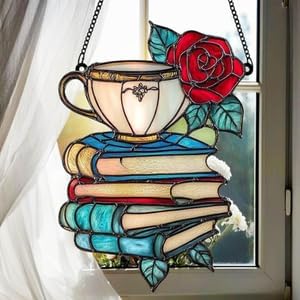 Rose Book Suncatcher Acrylic Window Hanging Decor for and Book Lovers Room Bookish Cat Ornament Sun Catchers Indoor Windown Suncatchers Windows Garden Outdoor