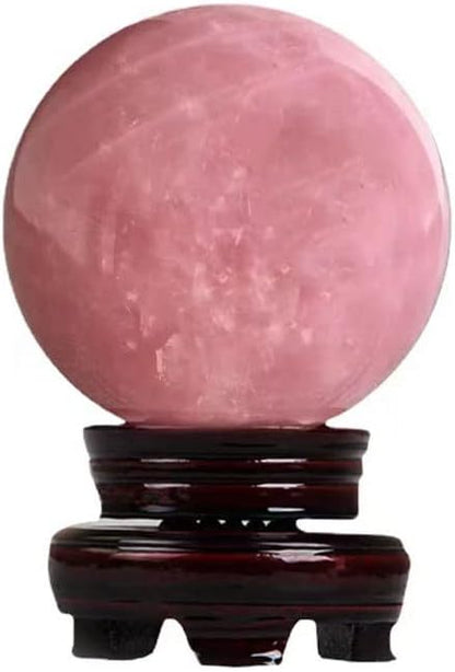 StoneStory Rose Quartz Crystal Sphere Ball with Wood Stand Large Healing Crystals Sphere Sculpture Home Office Decoration Fengshui Meditation Healing 90mm 3.54 inches (Rose Quartz, 3.54 inches )