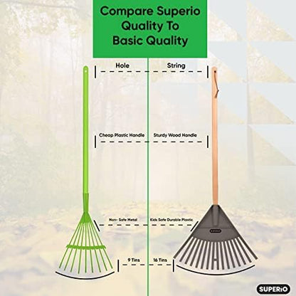 Leaf Rake, Grey Kid Size Leaf Collector, Bulk Pack Gardening Rake, 24-Pack Plastic Rakes with Wood Handle, by Superio