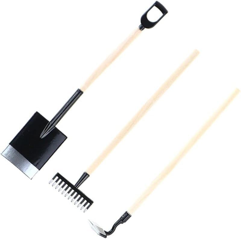 3Pcs Miniature Garden Tools 1:12 Mini Shovels and Rake Farm Tools Fairy Garden Furniture Dollhouse Accessories (Black)