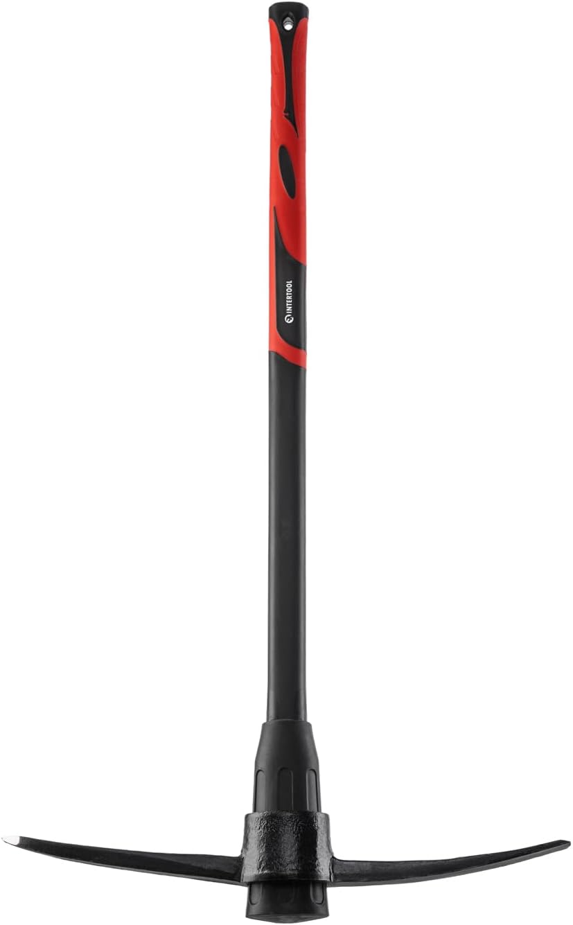 INTERTOOL Pick Axe for Digging - 36” Heavy Duty Garden Mattock Pickaxe - Rust Resistant Steel with Adze Hoe & Shock Absorbing Fiberglass Anti-Slip Handle - Cultivate, Loosen Soil, Dig - HT08-0305