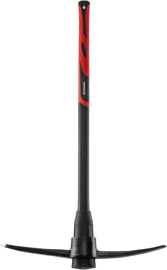 INTERTOOL Pick Axe for Digging - 36” Heavy Duty Garden Mattock Pickaxe - Rust Resistant Steel with Adze Hoe & Shock Absorbing Fiberglass Anti-Slip Handle - Cultivate, Loosen Soil, Dig - HT08-0305