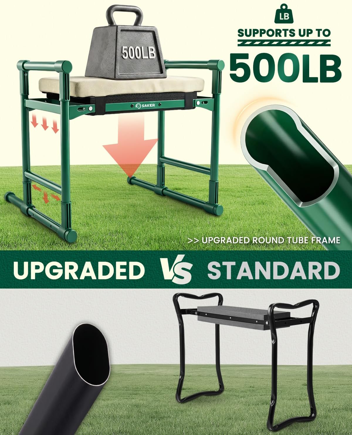 Saker Garden Kneeler and Seat – 500LB Heavy Duty Foldable Gardening Stool with Soft Kneeling Pad, Side Handles & Tool Pouches for Seniors and Gardeners, Green