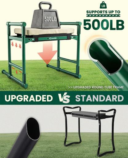 Saker Garden Kneeler and Seat – 500LB Heavy Duty Foldable Gardening Stool with Soft Kneeling Pad, Side Handles & Tool Pouches for Seniors and Gardeners, Green