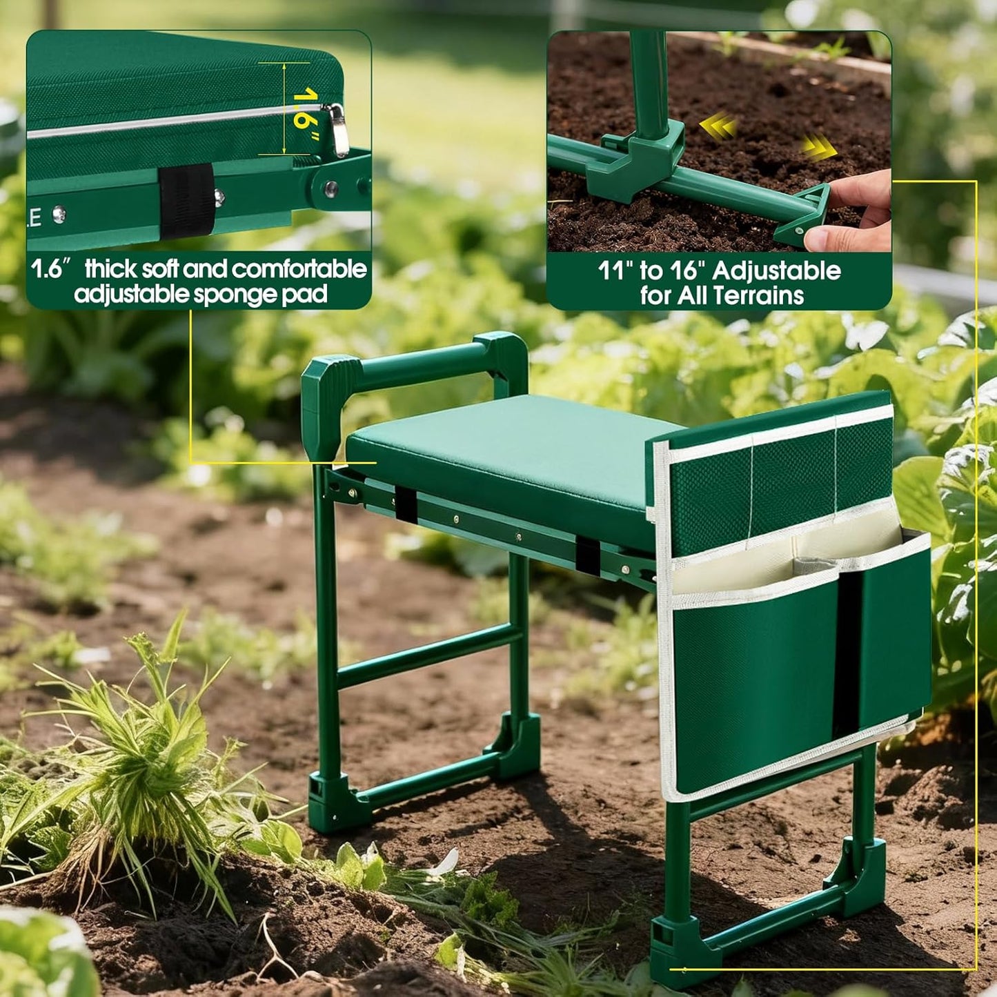 GardenGlow Heavy Duty Garden Kneeler and Seat for Seniors, Foldable Gardening Stool Bench with Thick Soft Kneeling Pad, Anti-Tip Design, Tool Bag & 420LB Support, Green