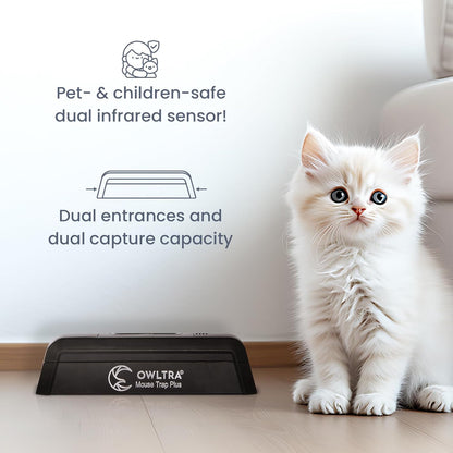 OWLTRA EMZ Plus Electric Mouse Trap – Humane Indoor Rodent Zapper with Dual Entrances, Pet-Safe Infrared Sensors, No-Touch Disposal, Black