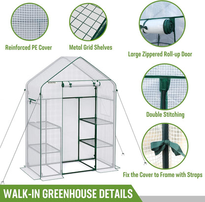 Walk-in Greenhouse 56”x29”x77” – 3-Tier 4 Shelves, Heavy Duty PE Cover, Roll-Up Door & Mesh Windows, Portable Indoor Outdoor Plant Greenhouse for Backyard Patio Balcony