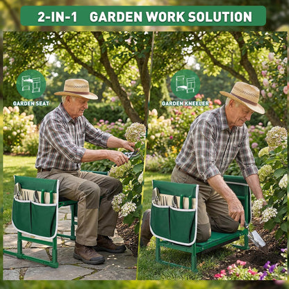 Heavy Duty Garden Kneeler and Seat for Seniors – Anti-Tip Folding Gardening Stool with Thick EVA Kneeling Pad, Extendable Support Legs & Sturdy Handles for Gardening, Green