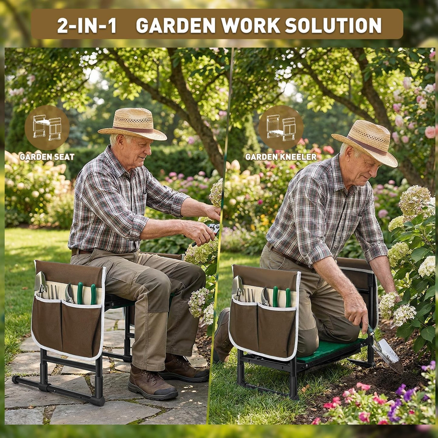 Heavy Duty Garden Kneeler and Seat for Seniors – Anti-Tip Folding Gardening Stool with Thick EVA Kneeling Pad, Extendable Support Legs & Sturdy Handles for Gardening, Black