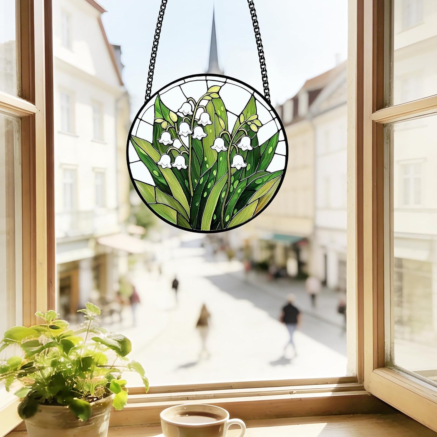 Stained Glass Lily of the Valley Suncatcher – Floral Window Hanging Decor with Chain, Green Glass Panel for Home, Garden & Meaningful Gift