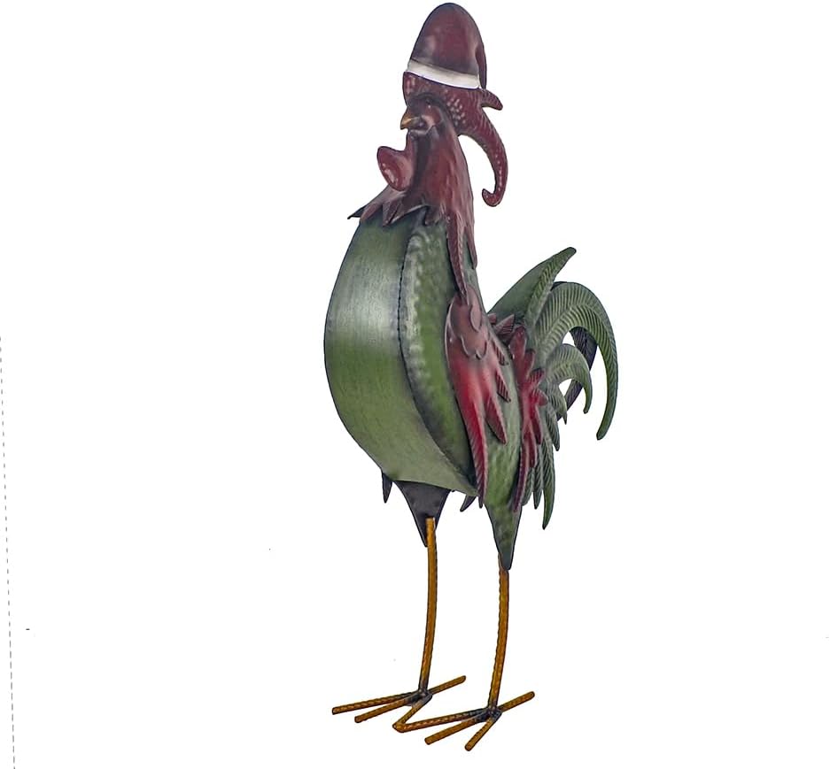 Rooster Statue Creative Chicken Animal Sculpture with Christmas Hat Garden Decoration Metal Yard Art for Patio Lawn Backyard Outdoor Indoor Decoration