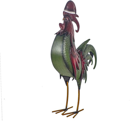Rooster Statue Creative Chicken Animal Sculpture with Christmas Hat Garden Decoration Metal Yard Art for Patio Lawn Backyard Outdoor Indoor Decoration