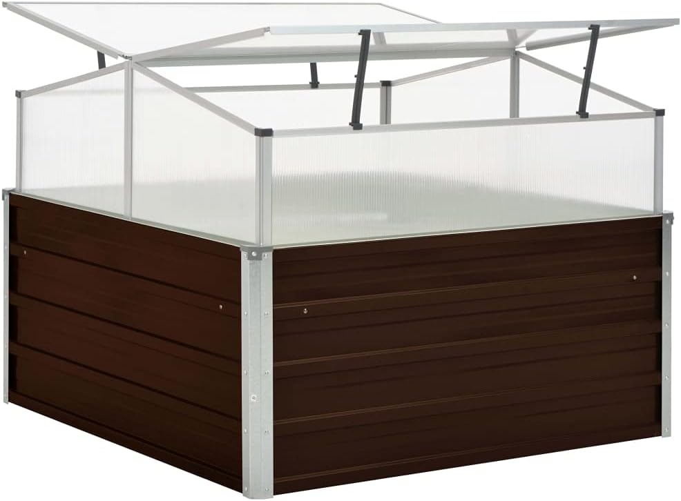Galvanized Steel Greenhouse, Raised Garden Bed with Greenhouse, Metal Planter Box with Polycarbonate Mini Greenhouse, Brown 39.4"x39.4"x33.5" Galvanized Steel,-106