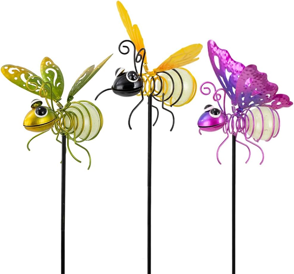 Garden Decor for Outside,3 Pcs Insect Garden Decorative Stakes,Glow in The Dark Bee Metal Yard Art,Waterproof Outdoor Spring Lawn Patio Pathway Decoration for Mom,Women,Grandma