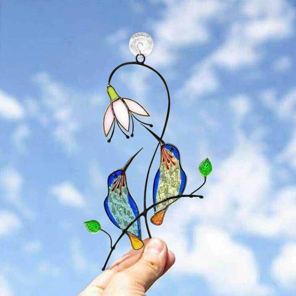 Hummingbird Suncatcher for Window, Chickadee Stained Glass Window Hangings Sun Catcher for Outdoor Garden Decor A Lovely Present for Your Family(Size:3.94x2.64inch)
