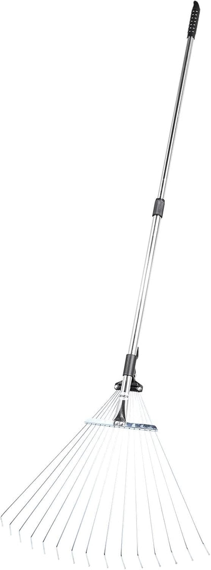 VEVOR Leaf Rake, 15 Metal Tines, Adjustable Garden Rake for Lawns with 7.5-22.4 Inch Wide Head & 32-63 Inch Long Handle, Heavy Duty Stainless Steel Small Leaves Tool for Gardening Camping Yard Grass