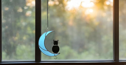 Black Cat Stained Glass Suncatcher,Cat Memorial Gifts for Loss of Cat,Cat Mom Gifts,Cat Sympathy Gifts for Cat Lovers,Window Hanging Ornament