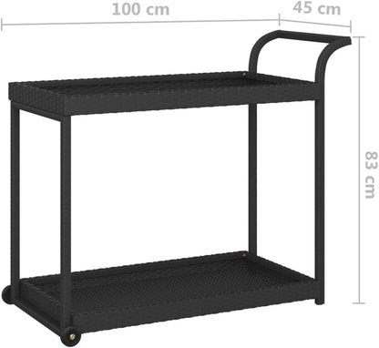 Outdoor Rolling Wicker Bar Cart with Storage Shelves, Portable Bar Cart with Wheels, Patio Kitchen Island Cart for Pool Deck Backyard, Black 39.4"x17.7"x32.7" Poly Rattan -463