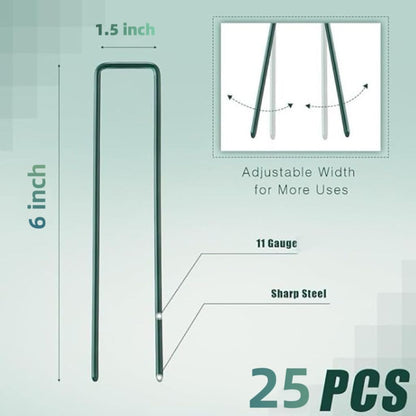 6 inch 25 Pack Green Galvanized Landscape Staples 11 Gauge Garden Stakes Pins Anti-Rust Ground Stakes U-Shaped Tent Stakes are Used for Weed Barrier, Irrigation Tubing, Yard Lawn, Landscape Fabric
