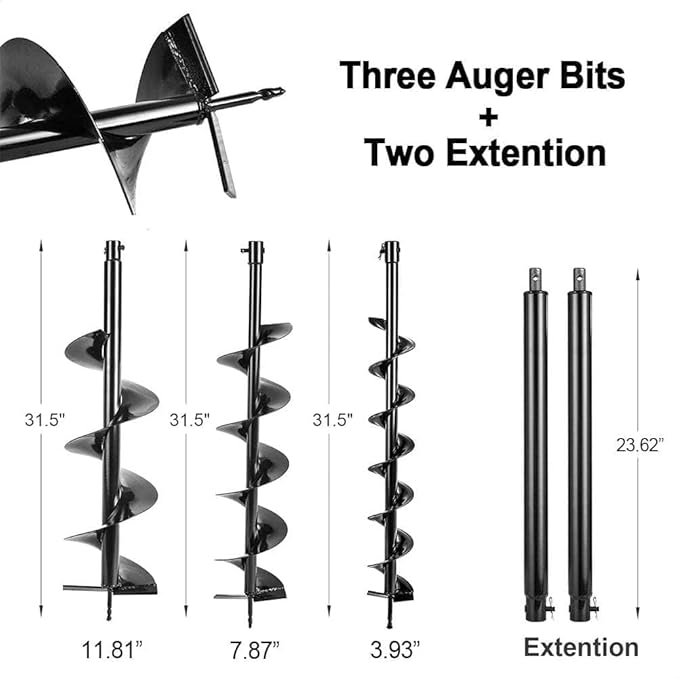 85cc Post Hole Digger 2-Stroke Petrol Gas Powered Earth Digger with 3 Auger Bits (4" 8" 12") + 2 Extension Bar (24" 24") for Farm Garden Plant Fence and Planting