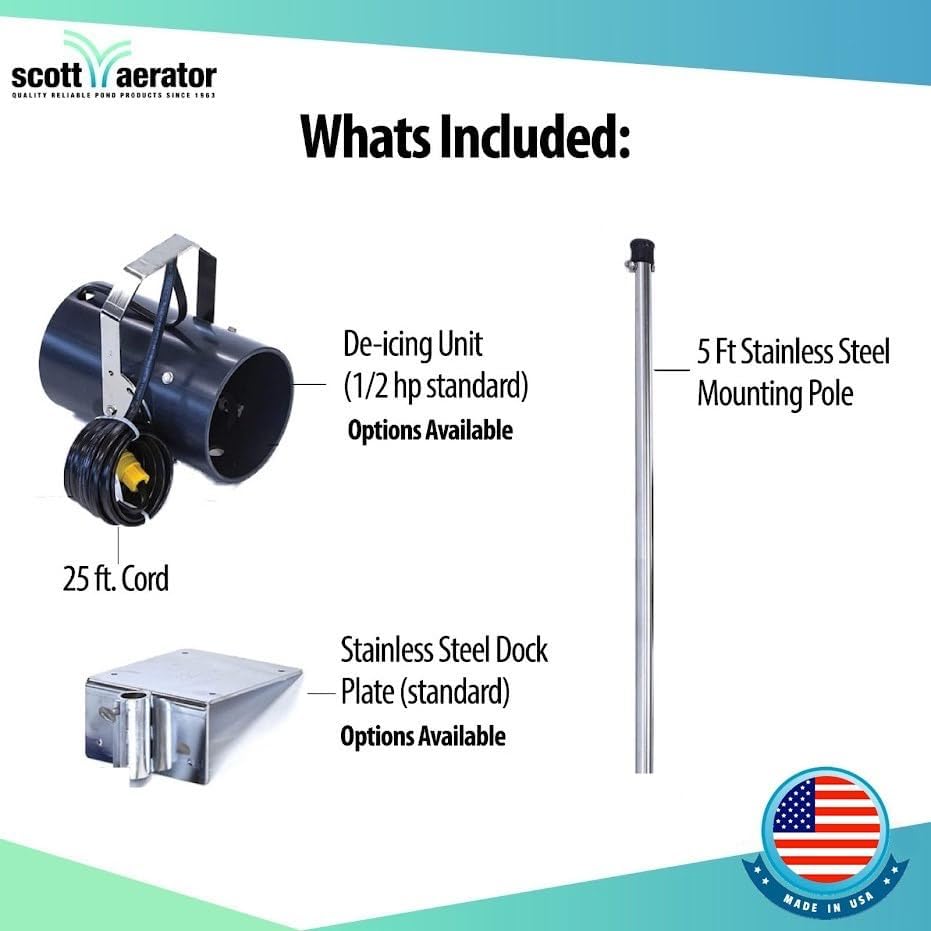 Scott Aerator DeIcer for Lakes & Ponds | 3/4 Horse Power 115V Stainless Steel | 100 ft. Electric Corded Cable Included with Dock Mount Assembly | Made in USA