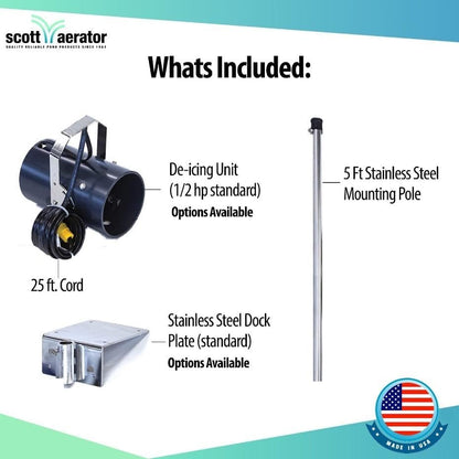 Scott Aerator DeIcer for Lakes & Ponds | 3/4 Horse Power 115V Stainless Steel | 25 ft. Electric Corded Cable Included with Dock Mount Assembly | Made in USA