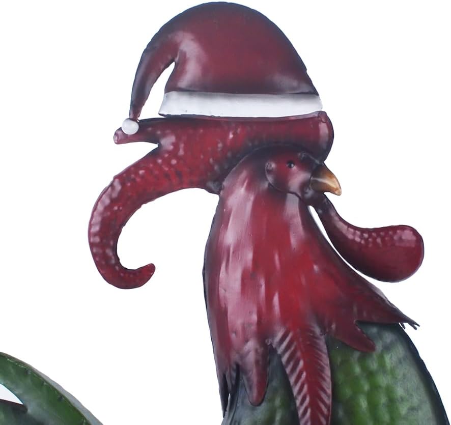 Rooster Statue Creative Chicken Animal Sculpture with Christmas Hat Garden Decoration Metal Yard Art for Patio Lawn Backyard Outdoor Indoor Decoration