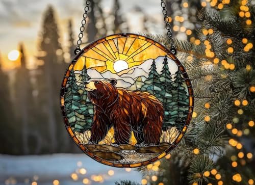 Bear Forest Scene Acrylic Suncatcher Window Hanging Cabin Decor Rustic Home Decoration Gift for Nature Lovers