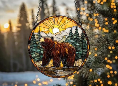 Bear Forest Scene Acrylic Suncatcher Window Hanging Cabin Decor Rustic Home Decoration Gift for Nature Lovers