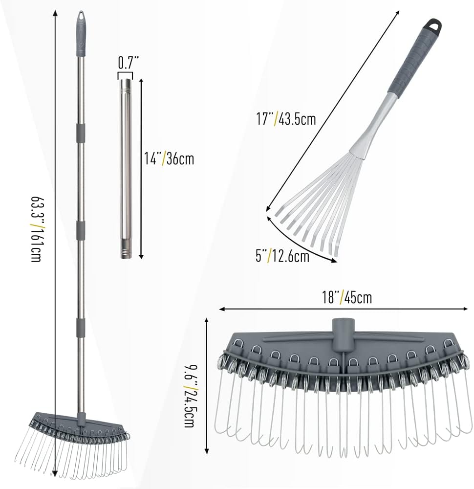 Thatch Rake Adjustable 17"-63", Efficient Metal Leaf Rakes, Wide with 24 Durable Steel Tines, Lightweight Garden Thatching Rakes Used for Mulch ,Leaves, Debris, Pine Needles, Shrub, Gravel