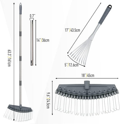 Thatch Rake Adjustable 17"-63", Efficient Metal Leaf Rakes, Wide with 24 Durable Steel Tines, Lightweight Garden Thatching Rakes Used for Mulch ,Leaves, Debris, Pine Needles, Shrub, Gravel