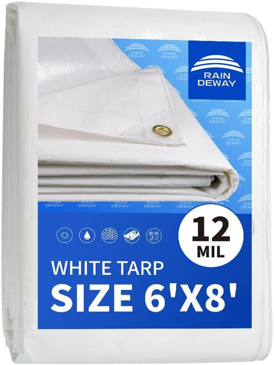 Heavy Duty White Tarps 6' X 8',12 Mil Extra Thick,Durable,Waterproof, UV Resistant, Weatherproof