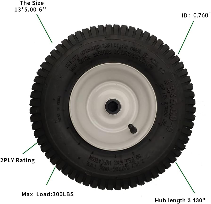 2 Pack 13x5.00-6 Lawn Tractor Pneumatic wheel,Wheelbarrow tire Turf Tread,3.13" hub length with steel rim,Flange ID 0.76''